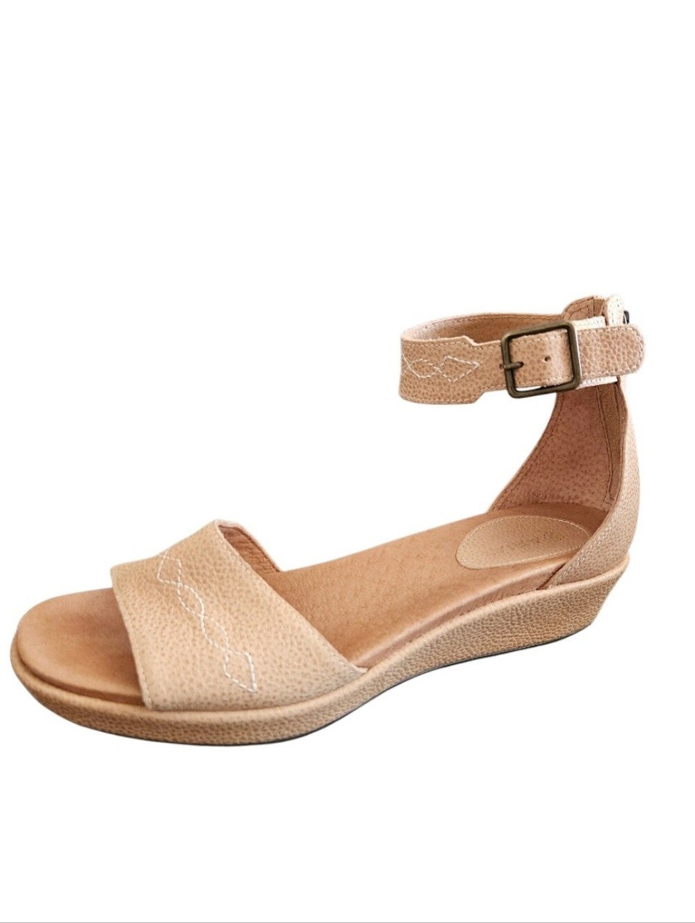 Ariat "Lisa" Embroidered Tan Leather Ankle Strap Low Wedge Sandal Size 7.5